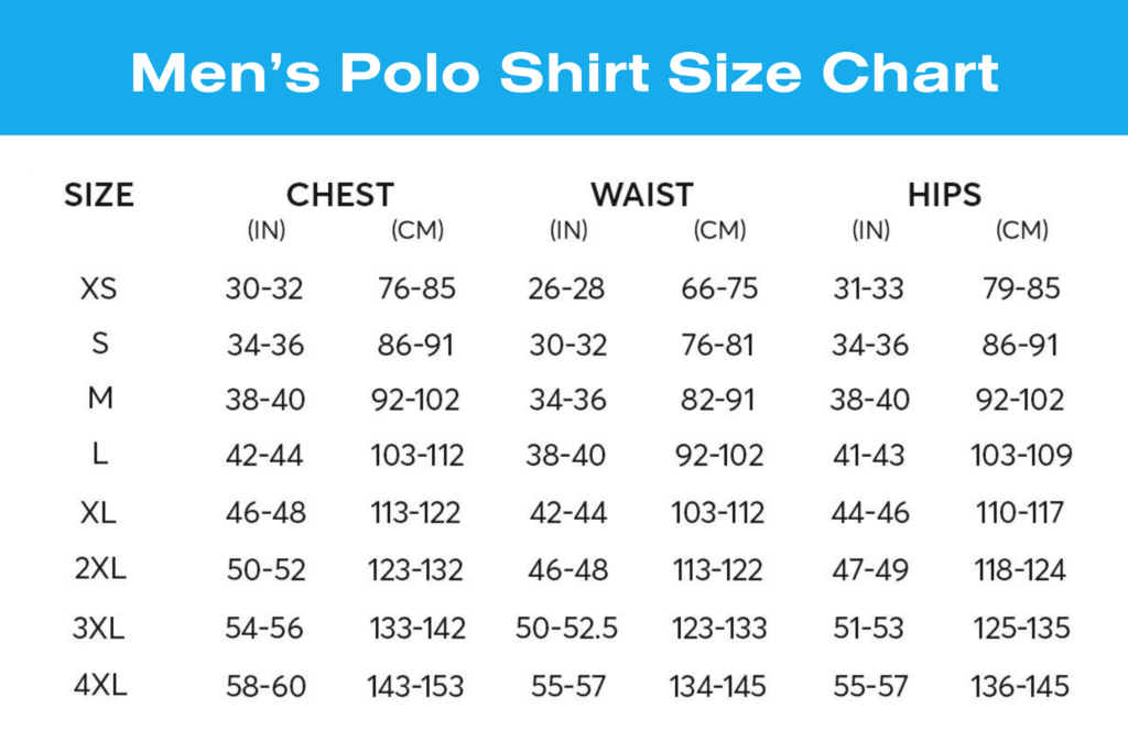 Men’s Concord Pro Polo Shirt Size Chart